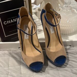 Jimmy Choo Lucy Tan and Blue Peep Toe Wedge Heels SZ 37.5